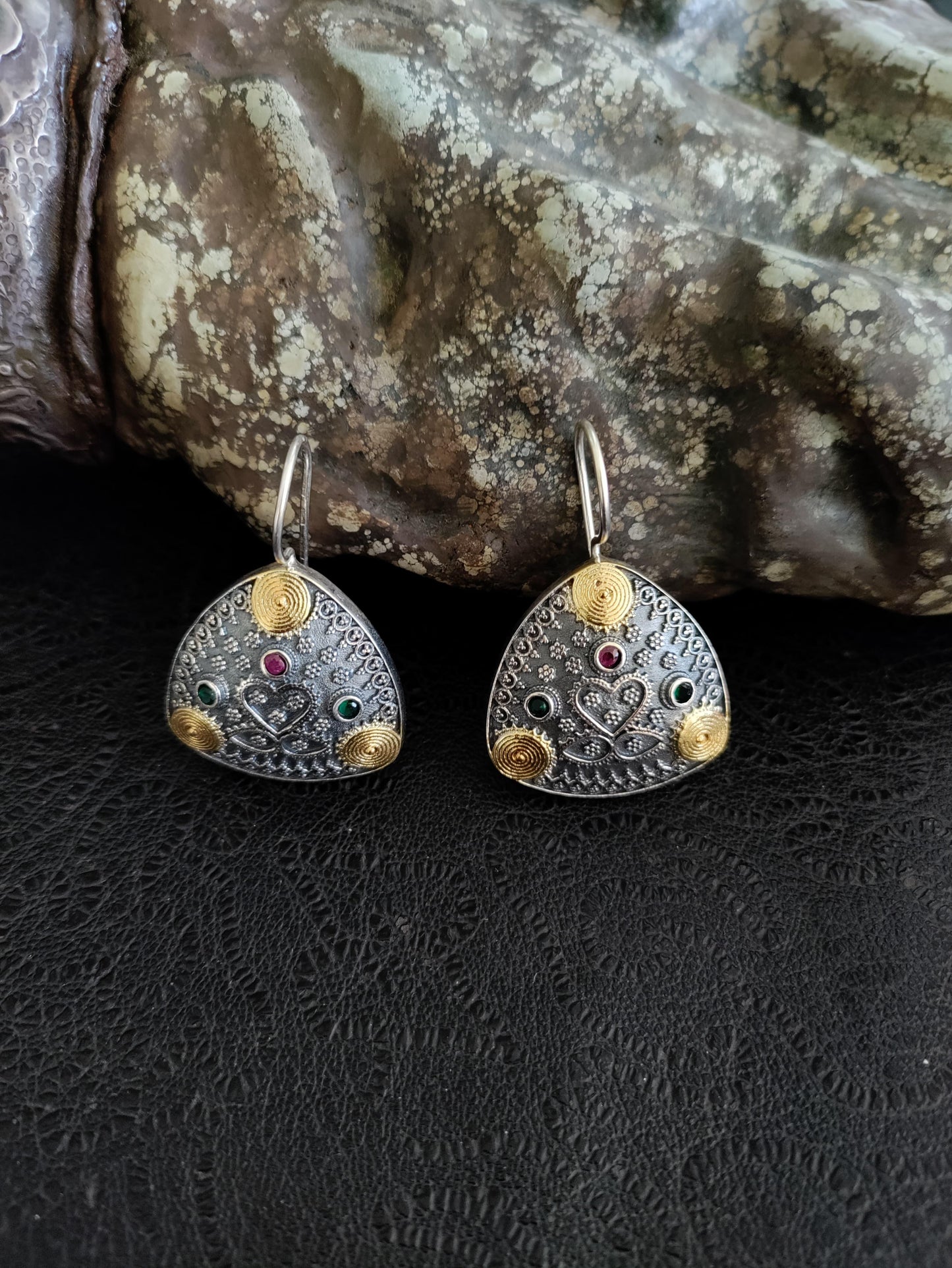 Pure 92.5 Silver Dual Earrings embellished with semiprecious Ruby & emerald green stone
