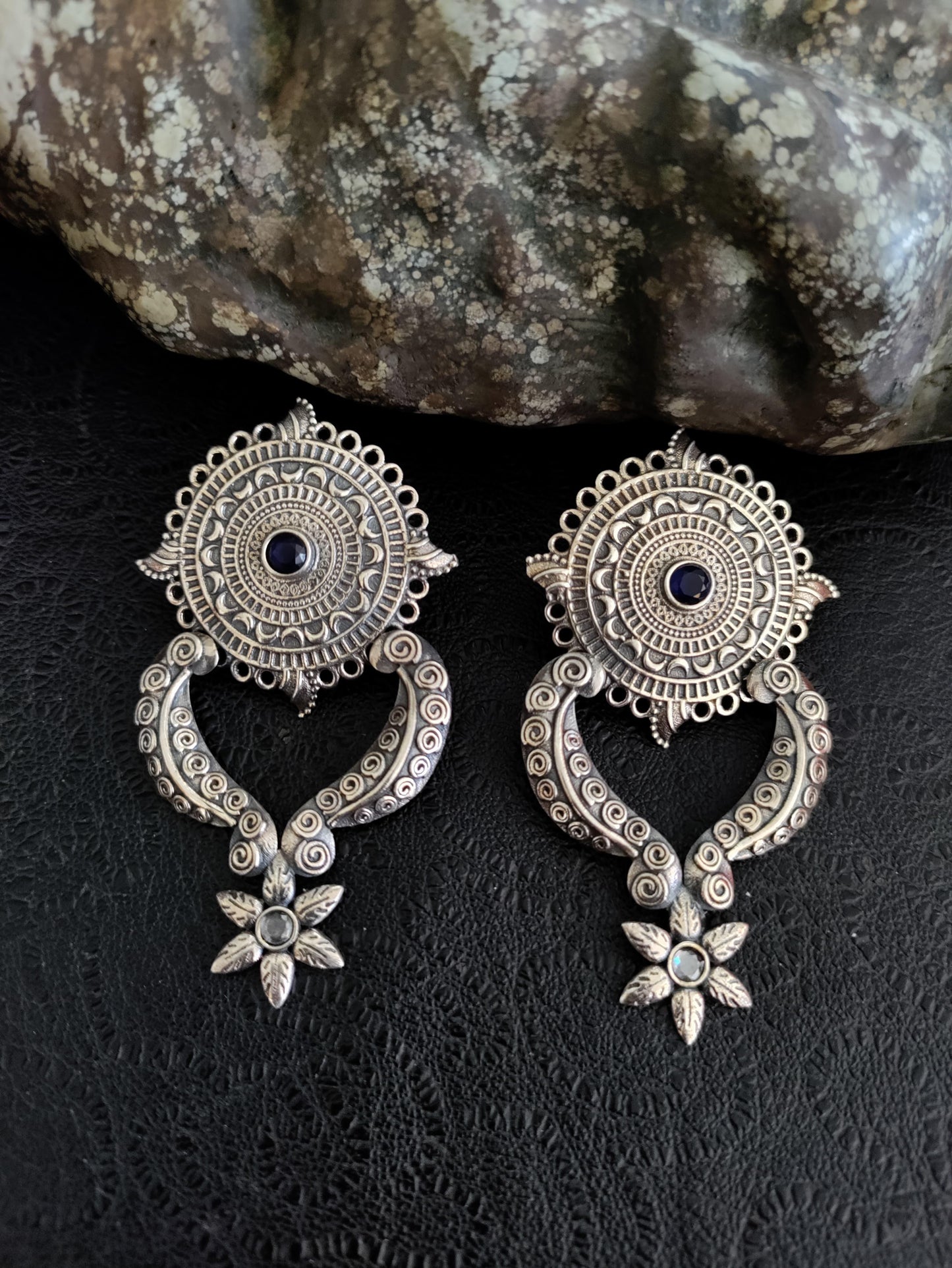 Pure 92.5 Silver ( Silver tone ) Earrings embellished with semiprecious black onyx