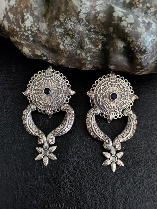Pure 92.5 Silver ( Silver tone ) Earrings embellished with semiprecious black onyx