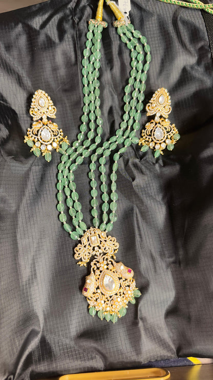 Pure 92.5 Silver with Gold polish Elephant pendant with Long earrings embellishment with Jade beads & Moisonite & CZ