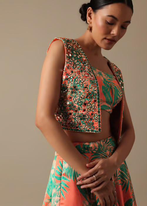 Green designer floral  Lehenga with Jacket highlighted with all  mirror handwork