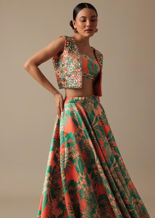 Green designer floral  Lehenga with Jacket highlighted with all  mirror handwork
