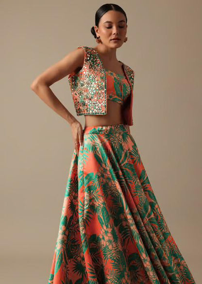 Green designer floral  Lehenga with Jacket highlighted with all  mirror handwork