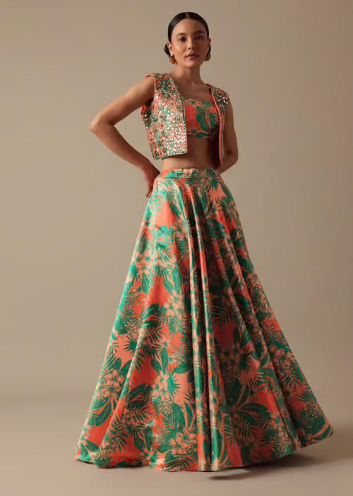 Green designer floral  Lehenga with Jacket highlighted with all  mirror handwork