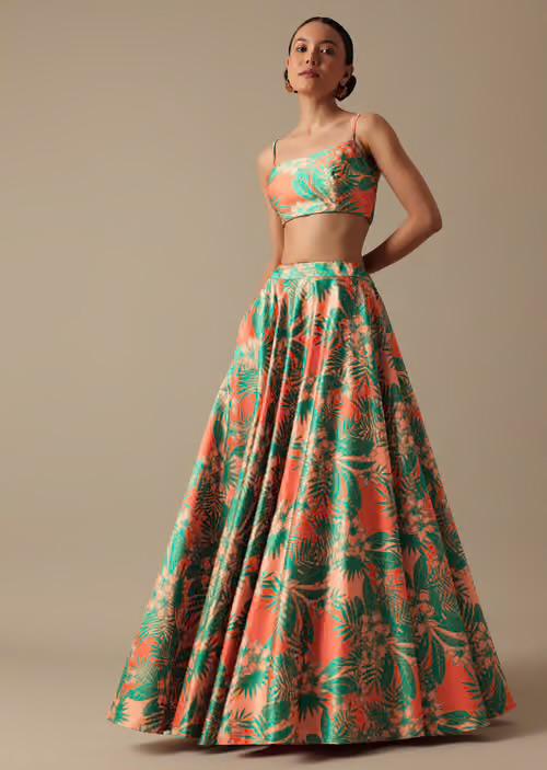 Green designer floral  Lehenga with Jacket highlighted with all  mirror handwork