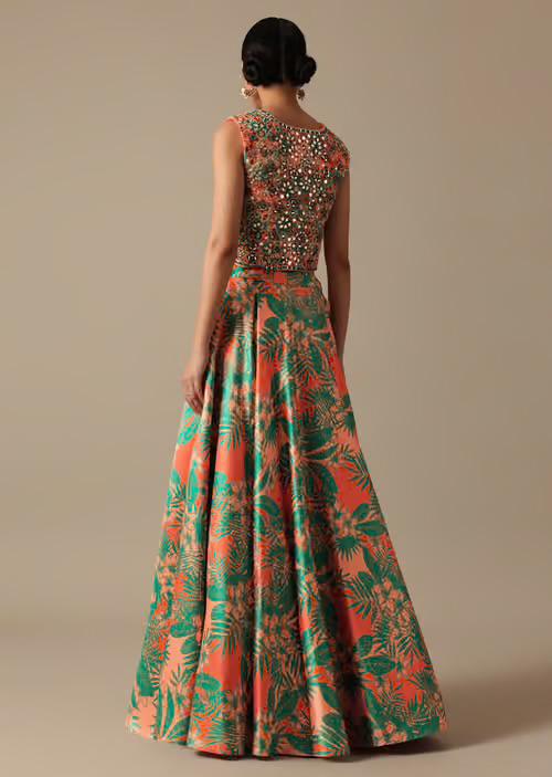 Green designer floral  Lehenga with Jacket highlighted with all  mirror handwork