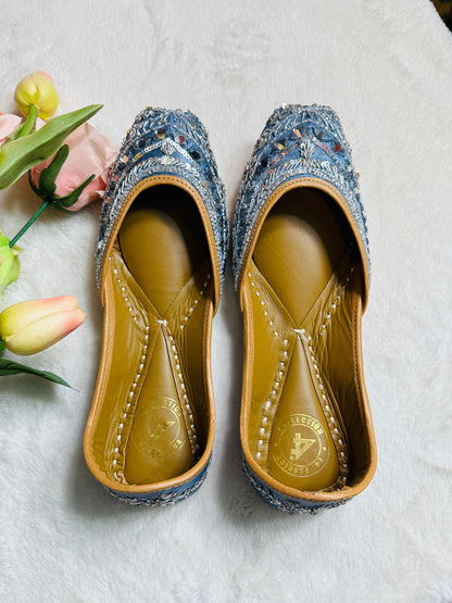 Grey Premium designer pure leather Jutti with double cushion and highlighted with all handwork