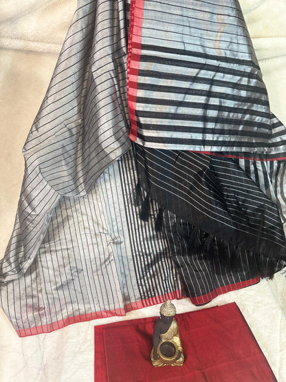 Grey with Black & Red pure Chanderi Pattu silk handloom Saree