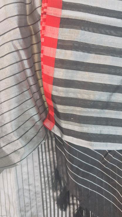 Grey with Black & Red pure Chanderi Pattu silk handloom Saree