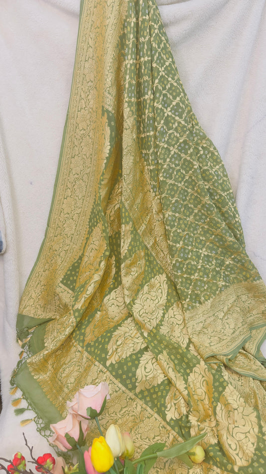 Henna Green Pure Khaddi Georgette hand rai Bandhani Banarasi saree with tested Gold zari weaving