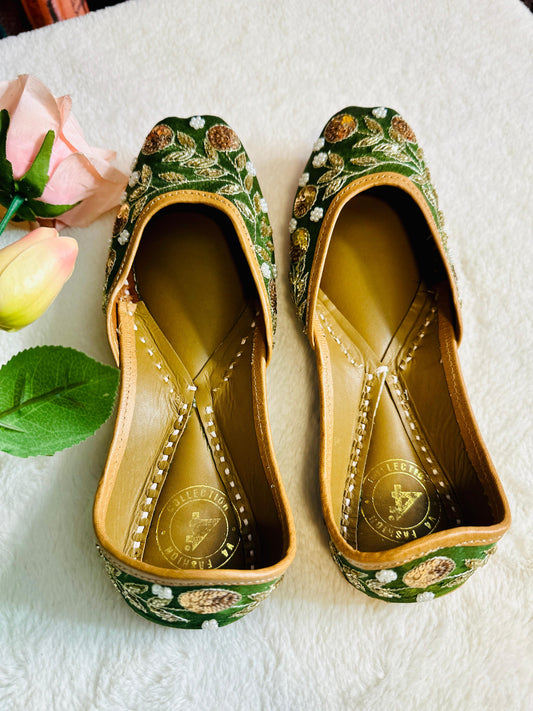 Henna green Premium designer pure leather Jutti with double cushion and highlighted with all handwork