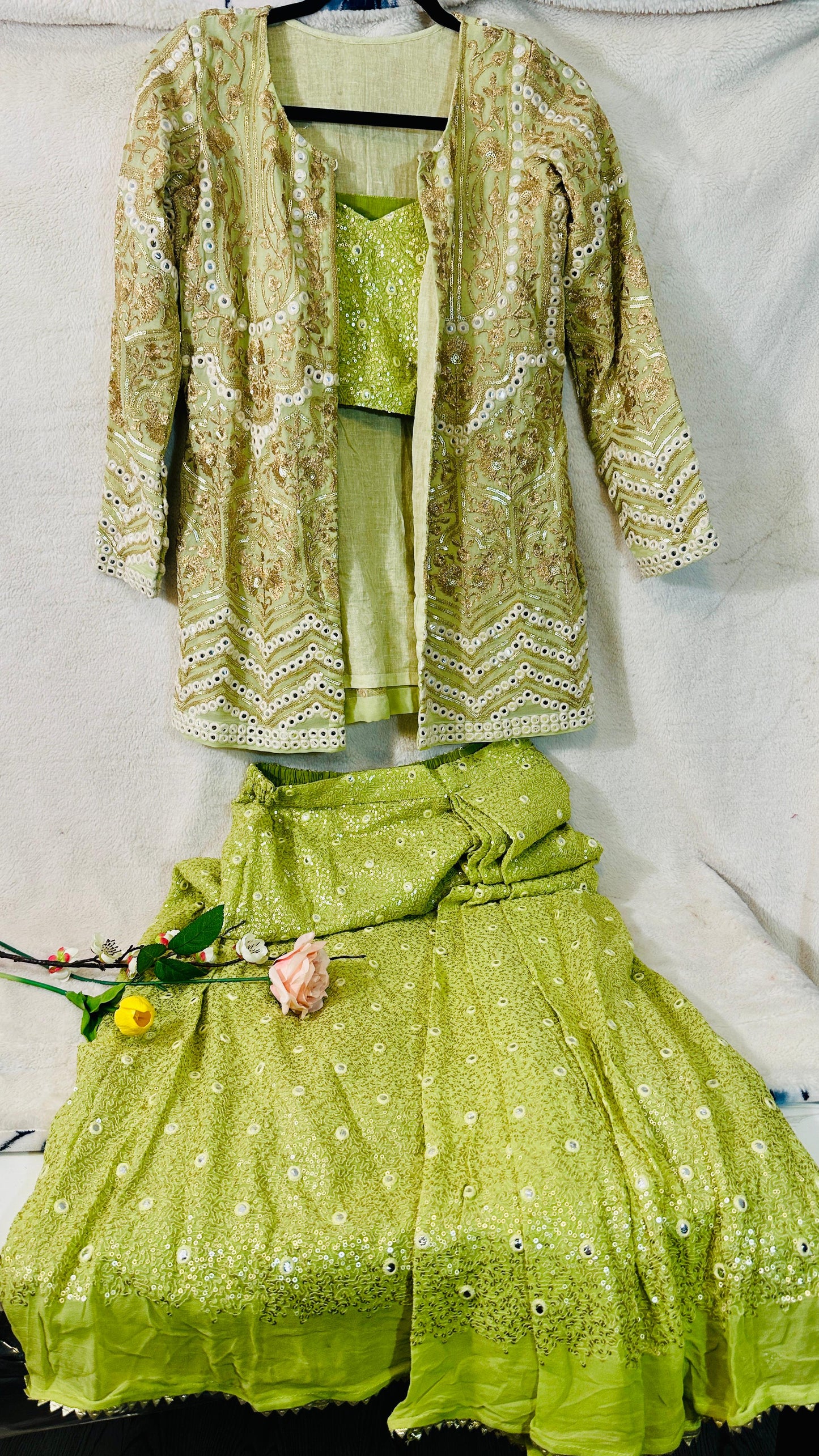 Henna green designer Indowestern dhoti skirt set highlighted with sequins & Thread zari & mirror work