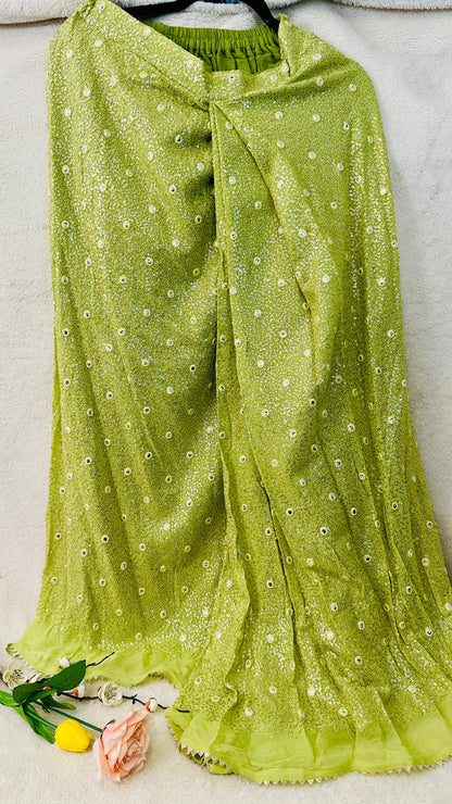 Henna green designer Indowestern dhoti skirt set highlighted with sequins & Thread zari & mirror work