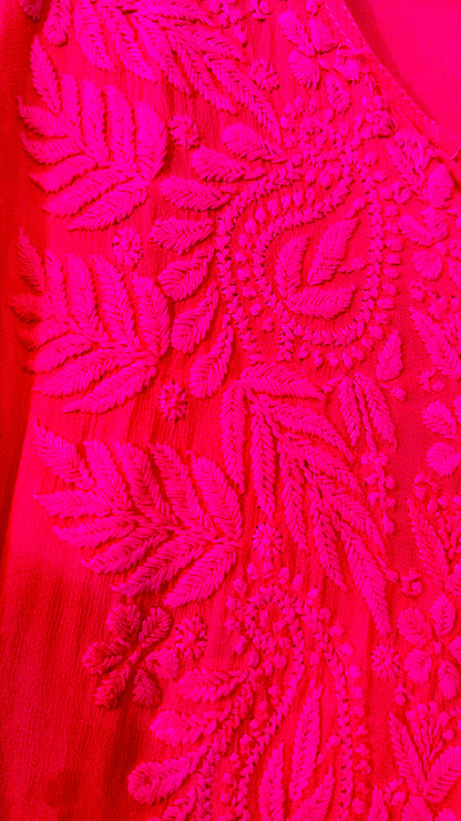 Hot pink tone on tone Viscose Chikankari Kurti  with 3D Chikankari