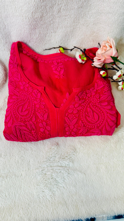 Hot pink tone on tone Viscose Chikankari Kurti  with 3D Chikankari
