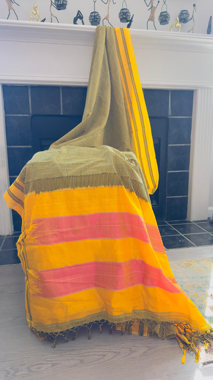 ILKAL Henna green Striped with mustard yellow and pink border SICO ( Cotton*Silk ) handloom saree with Chikapars Border