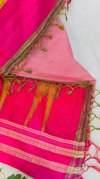 ILKAL Hot Pink Checkered SICO ( Cotton*Silk ) handloom saree with Chikapars Border