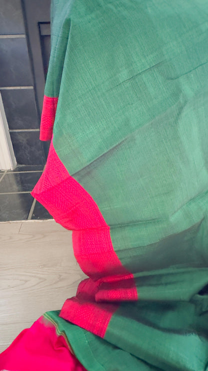 ILKAL Leaf green with hot pink border SICO ( Cotton*Silk ) handloom saree with Chikapars Border