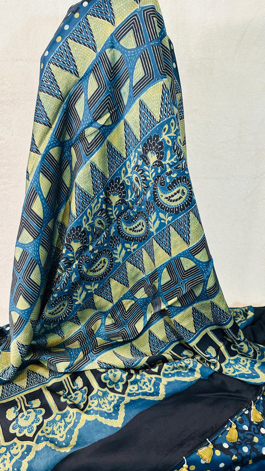 Indigo Ajrakh natural dye Hand block print pure Modal silk saree