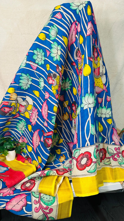 Ink Blue pure Bangalore silk hand drawn- hand painted Pen Kalamkari Saree