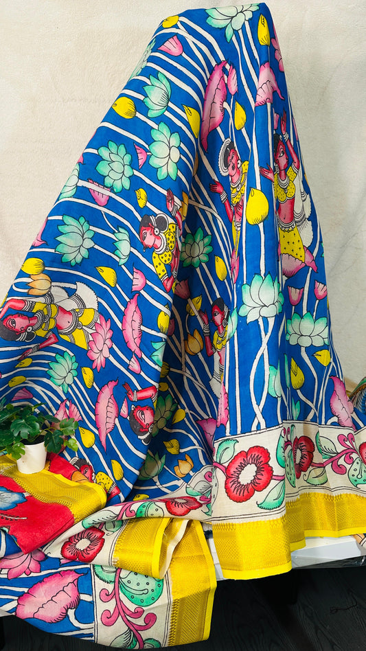 Ink Blue pure Bangalore silk hand drawn- hand painted Pen Kalamkari Saree