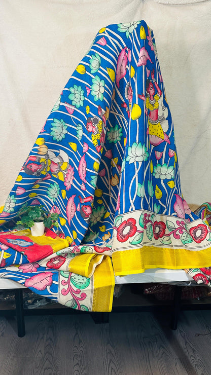 Ink Blue pure Bangalore silk hand drawn- hand painted Pen Kalamkari Saree