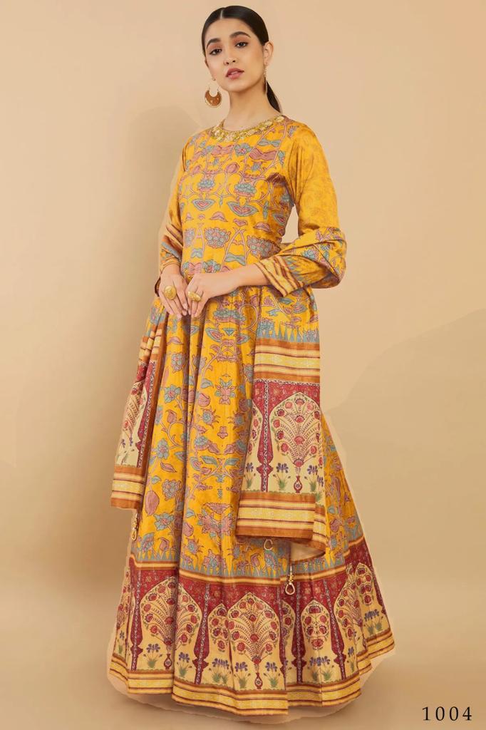 Kalamkari digital print Pure Muslin silk long gown with cane cane inside paired up with Duppata