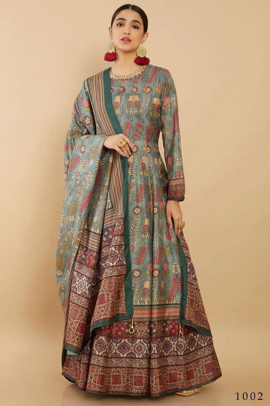 Kalamkari digital print Pure Muslin silk long gown with cane cane inside paired up with Duppata