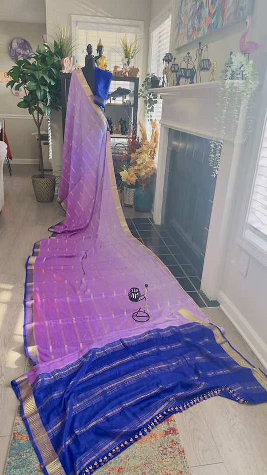 Lavender 2D Ombré with Ink Blue Pallu Pure Mysore Silk Handloom Saree