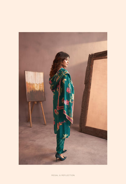 Leaf green lehriya Floral print crape silk suit highlighted with pearl, Cutdana & thread hand work
