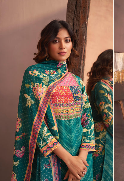 Leaf green lehriya Floral print crape silk suit highlighted with pearl, Cutdana & thread hand work