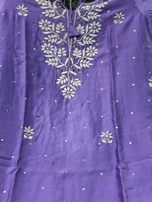 Lilac pure Mul chanderi Mukaish suit highlighted with mukaish & pearl handwork