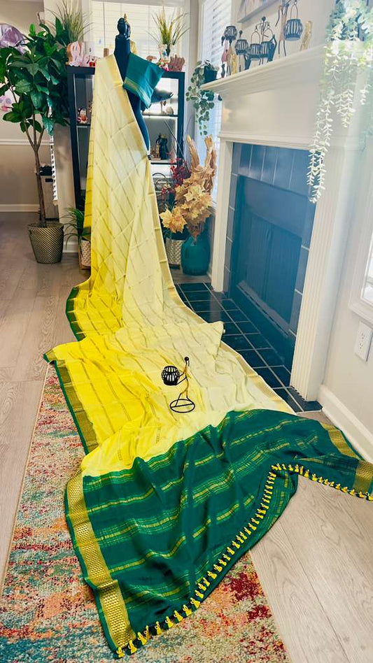 Lime Yellow 2D Ombré with Leaf Green Pallu Pure Mysore Silk Handloom Saree