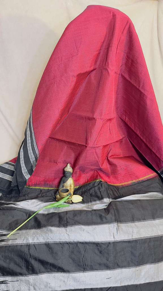 Magenta pink with Grey / Black border pure SICO Ilkal Handloom Saree