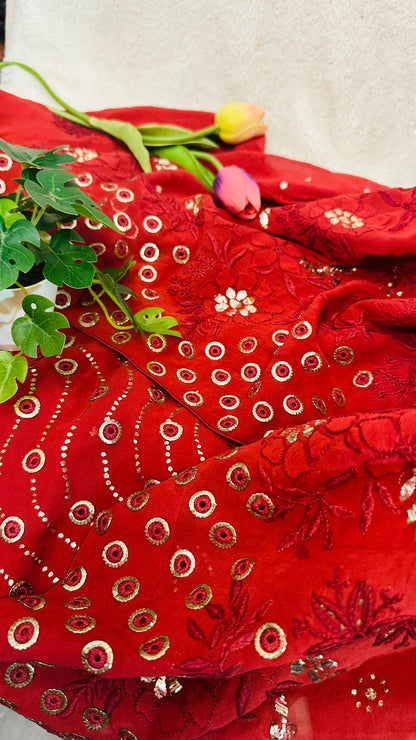 Maroon Pure Georgette Chikankari Saree enteric with fine Chikankari, jali & Ring Mukaish hand embroidery
