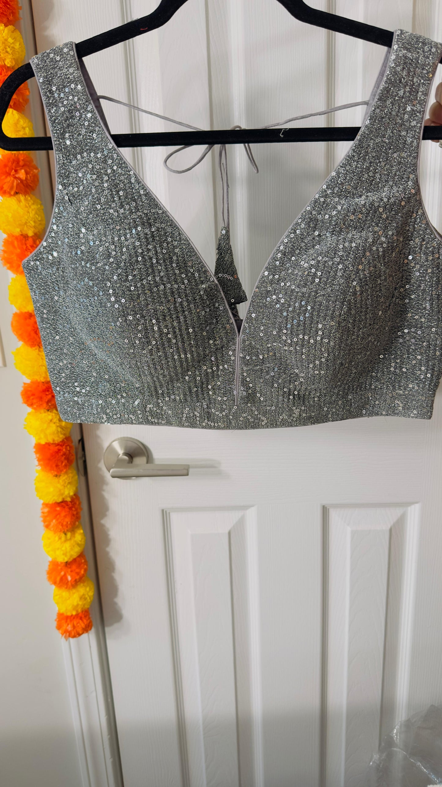 Metallic Grey Designer shimmer sequins blouse with Back adjustable Dori  ( can open till size 42 )