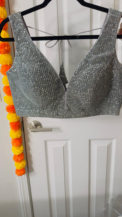 Metallic Grey Designer shimmer sequins blouse with Back adjustable Dori  ( can open till size 42 )