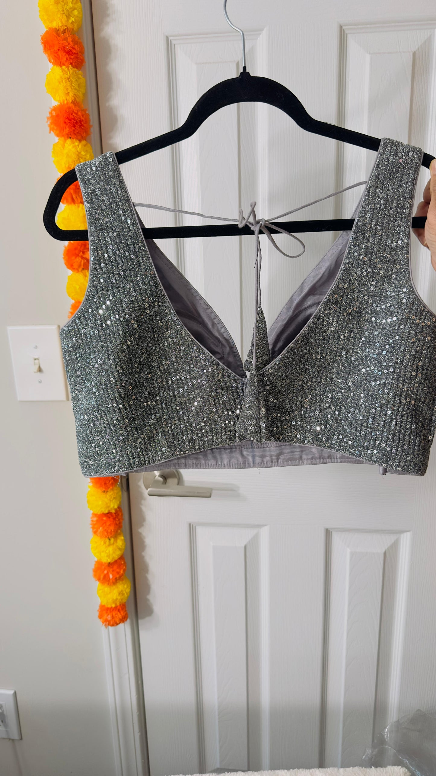 Metallic Grey Designer shimmer sequins blouse with Back adjustable Dori  ( can open till size 42 )