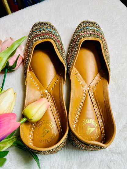 Multicoloured Premium designer pure leather Jutti with double cushion and highlighted with all handwork