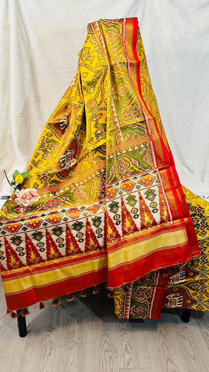Mustard Yellow pure tissue silk semi double Patan Patola Handloom Saree