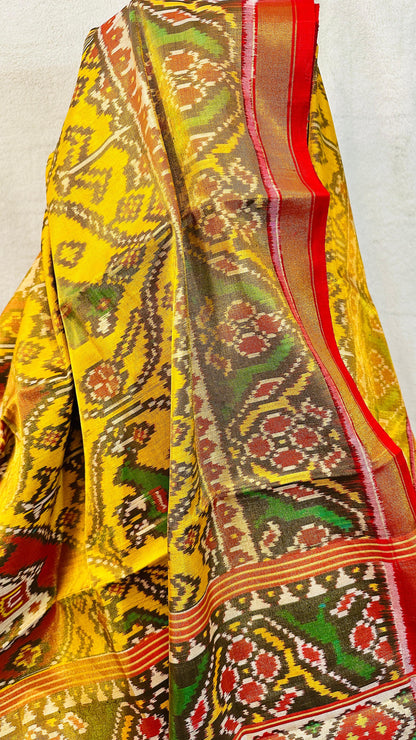 Mustard Yellow pure tissue silk semi double Patan Patola Handloom Saree