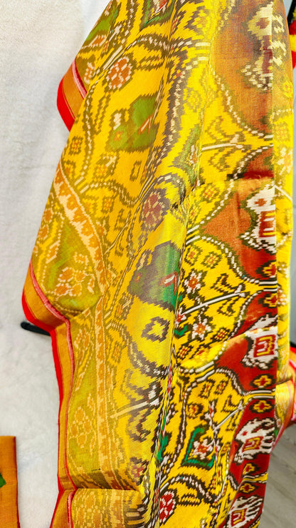 Mustard Yellow pure tissue silk semi double Patan Patola Handloom Saree