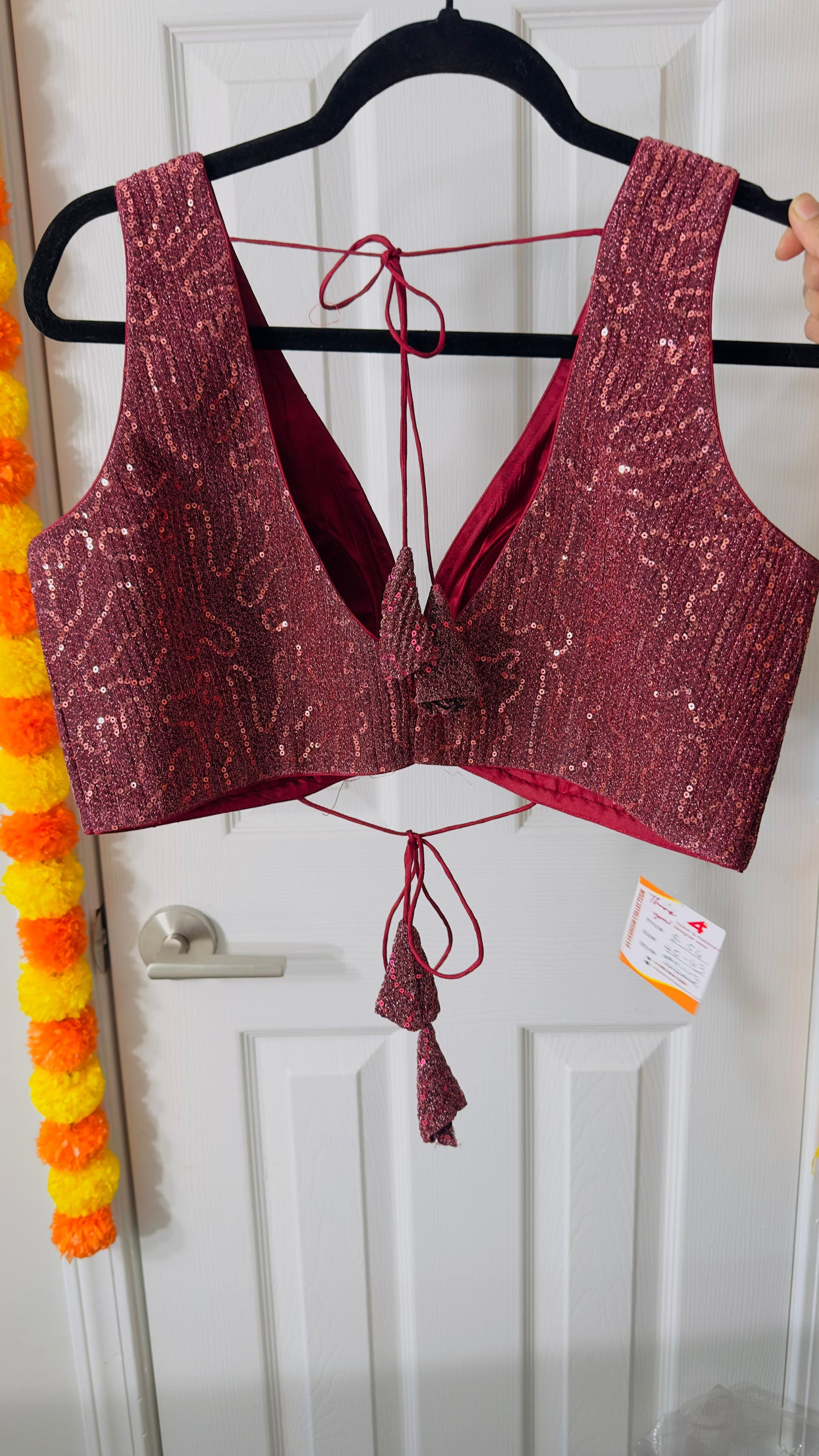Onion Pink Designer shimmer sequins blouse with Back adjustable Dori  ( can open till size 42 )