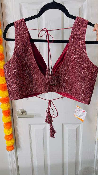 Onion Pink Designer shimmer sequins blouse with Back adjustable Dori  ( can open till size 42 )