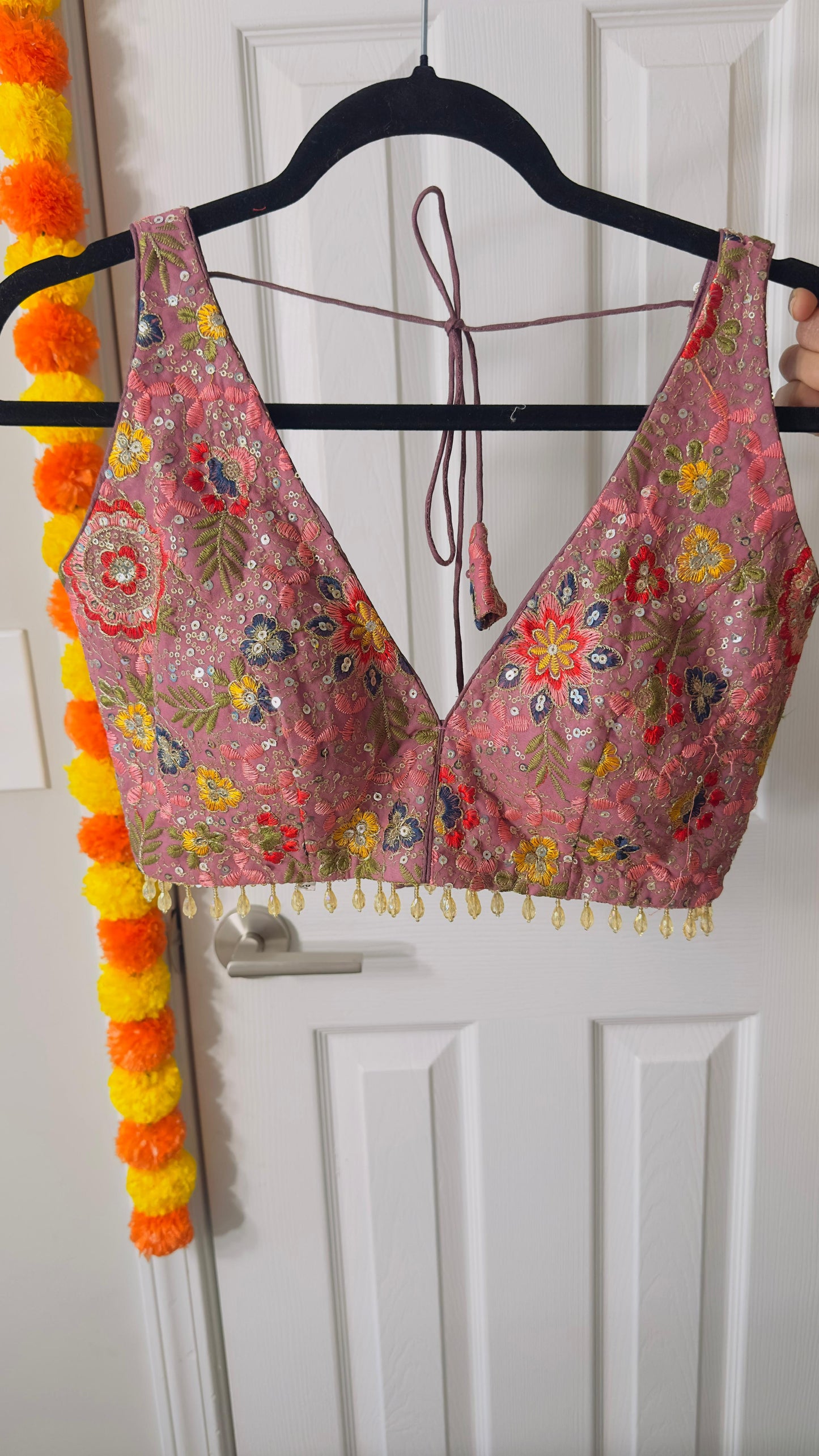 Onion pink Designer thread & sequins work blouse with Back adjustable Dori and tassels  ( can open till size 42 )