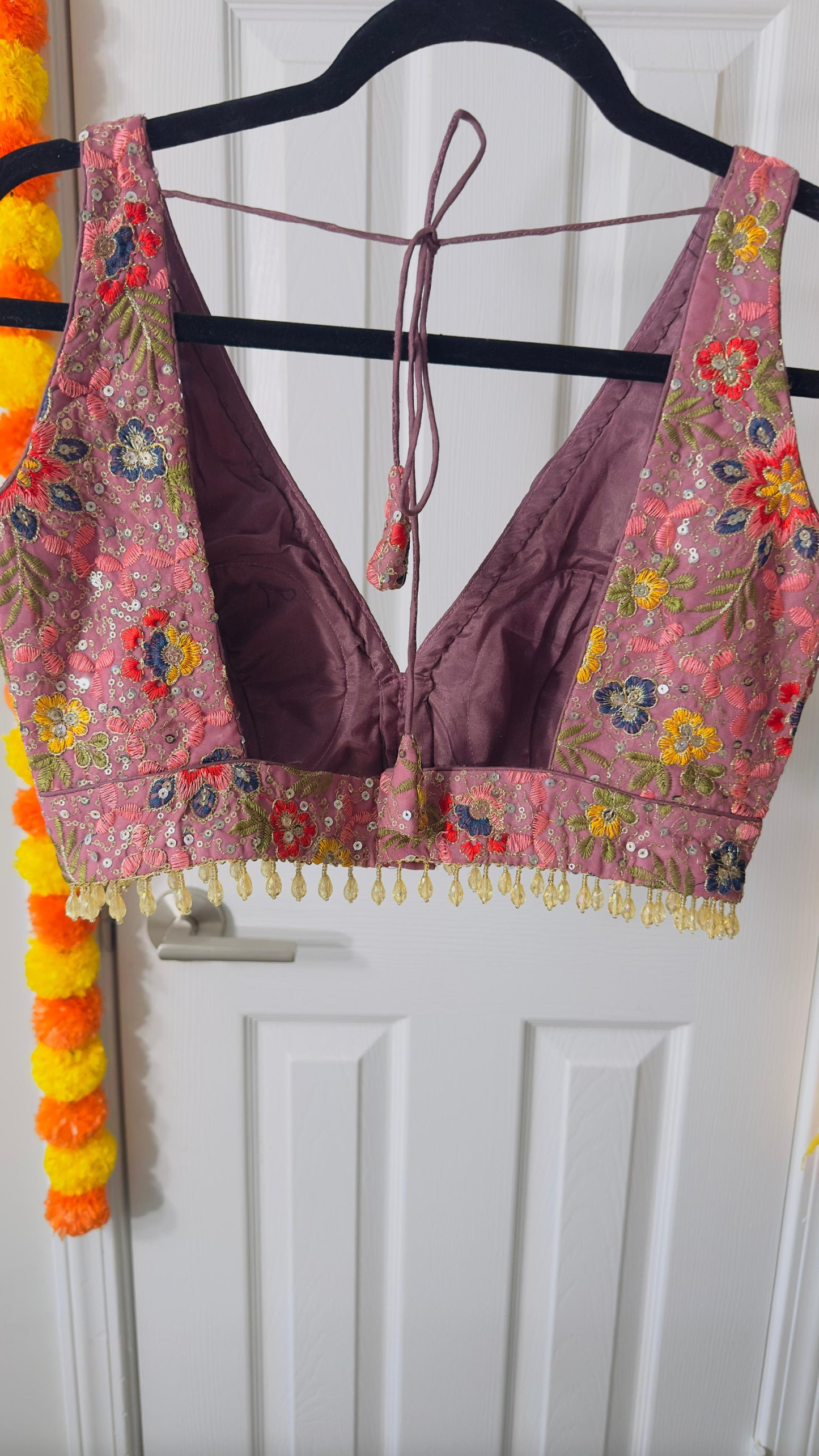 Onion pink Designer thread & sequins work blouse with Back adjustable Dori and tassels  ( can open till size 42 )