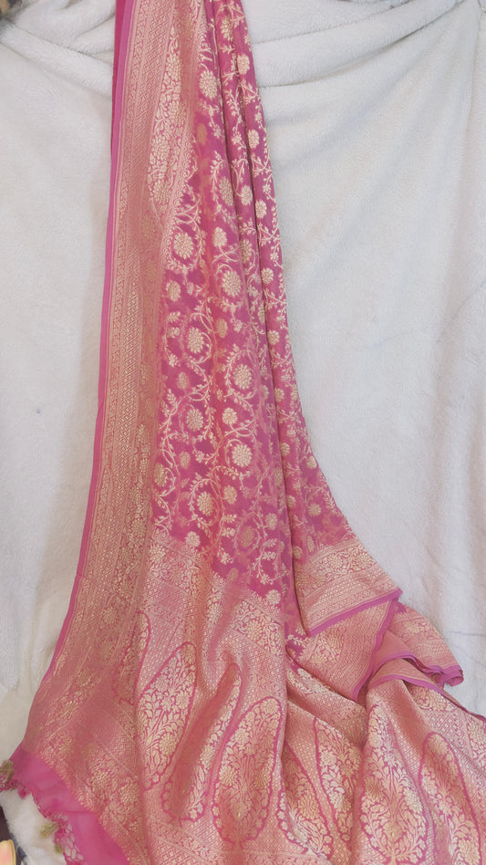 Onion pink Pure Khaddi Georgette handloom Banarasi saree with tested Gold zari weaving