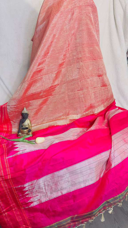 Onion pink with Magenta border pure SICO Ilkal Handloom Saree