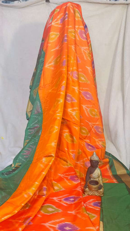 Orange & green pure silk Pochampalli ikkat Handloom Saree