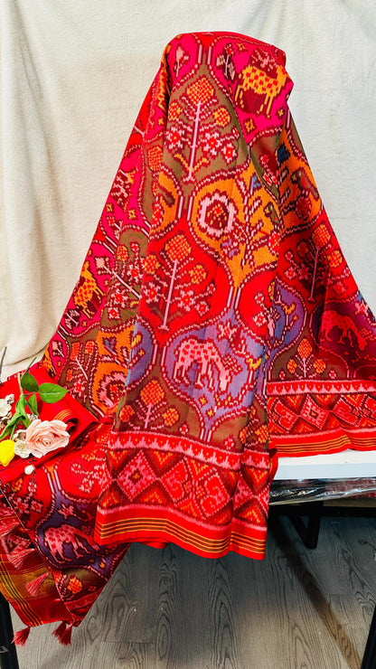 Orange with Rangkat pure silk semi double Patan Patola Handloom Saree